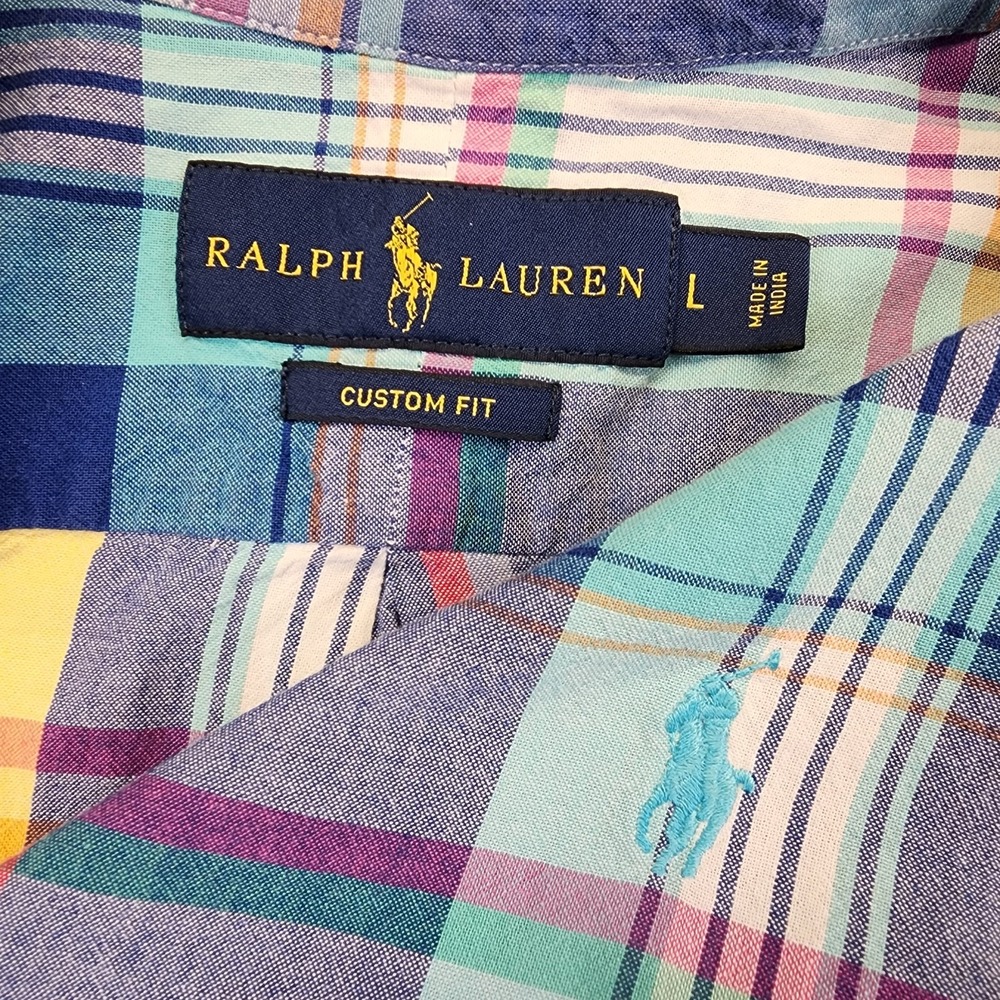 Ralph Lauren Men's L Custom Fit Blue Yellow Short Sleeve Plaid Button Shirt